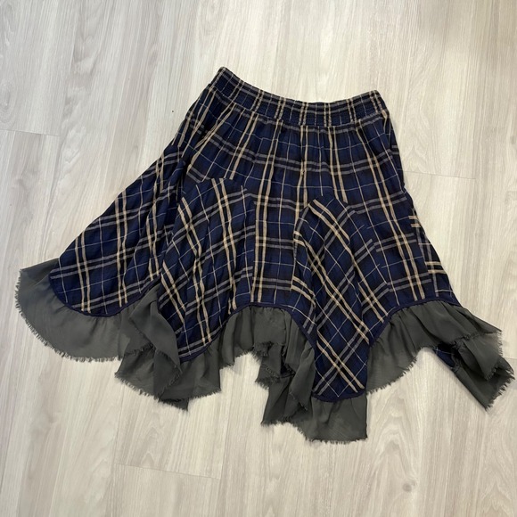 Free People Skirt Women Plaid Ruffle Hem Midi Skirt Navy Tan Boho Asymmetrical S - Picture 2 of 13